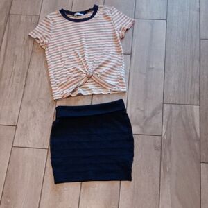 Striped Knot-Front Top and Navy Skirt Set